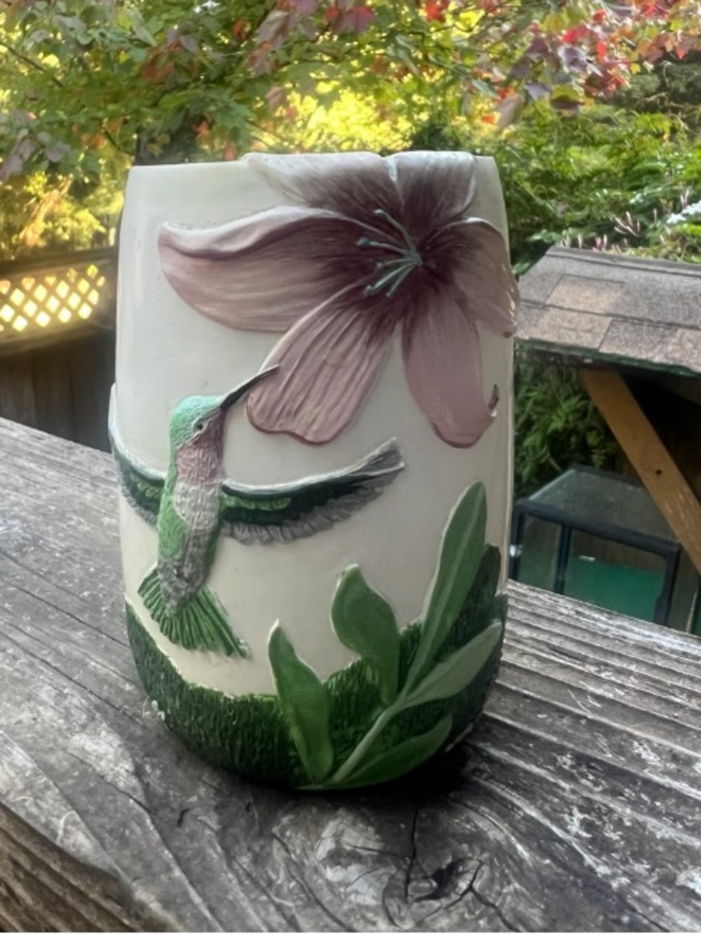 Hand-Painted Ceramic Vase with Hummingbird & Pink Flower - Cream and Green